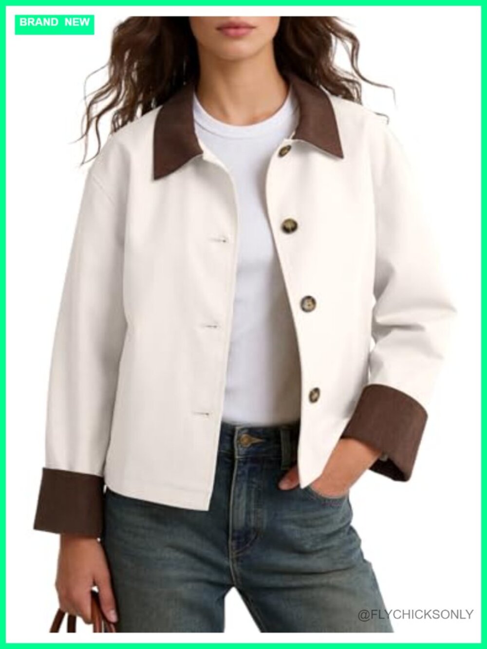 Women's Cropped Trench Coat Contrast Collar Loose Lightweight Barn Jacket